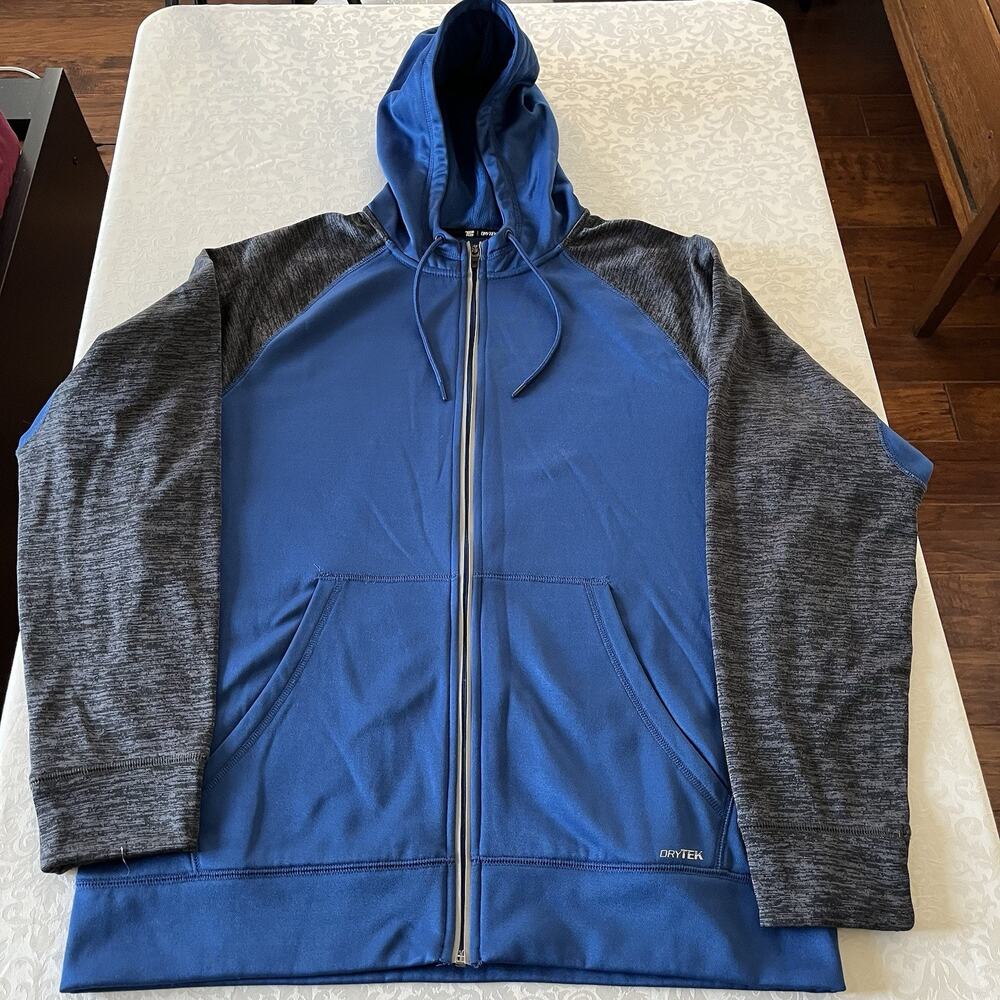 Tek Gear Mens Medium Blue/Gray DryTek Full Zip Hoodie Drawstring pockets Stretch